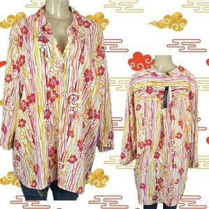 Cathy +3X Red Multi Floral Striped Split Neck Collar Linen Blend 3/4 Sleeve Top